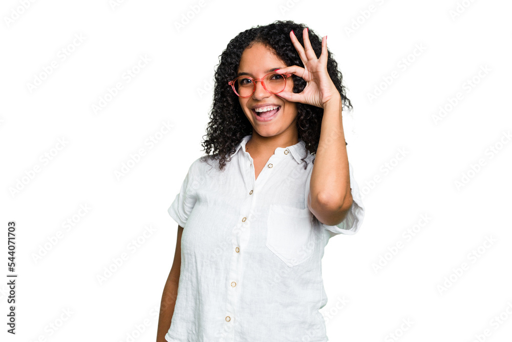 Young cute brazilian woman isolated excited keeping ok gesture on eye. Young cute brazilian woman isolated excited keeping ok gesture on eye.