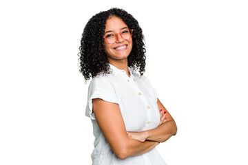 Young cute brazilian woman isolated who feels confident, crossing arms with determination.
