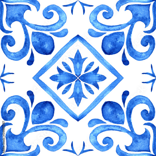 Portuguese azulejo tile. Blue and white gorgeous seamless pattern. Hand painted watercolor.