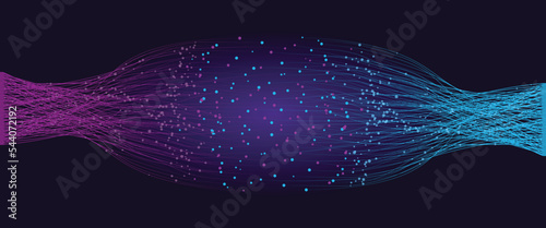 Big data visualization with lines and dots. Abstract color lines with dots over dark background.