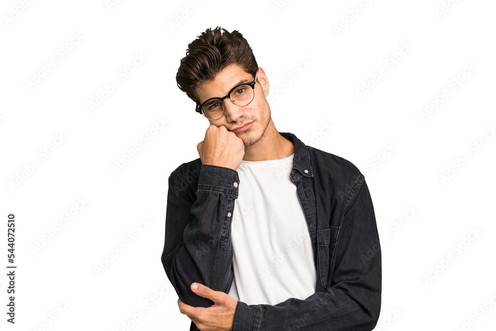 Young caucasian handsome man isolated who feels sad and pensive, looking at copy space. Young caucasian handsome man isolated who feels sad and pensive, looking at copy space.