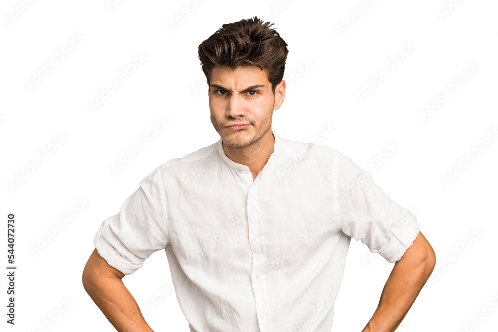 Young caucasian handsome man isolated confused, feels doubtful and unsure. Young caucasian handsome man isolated confused, feels doubtful and unsure.