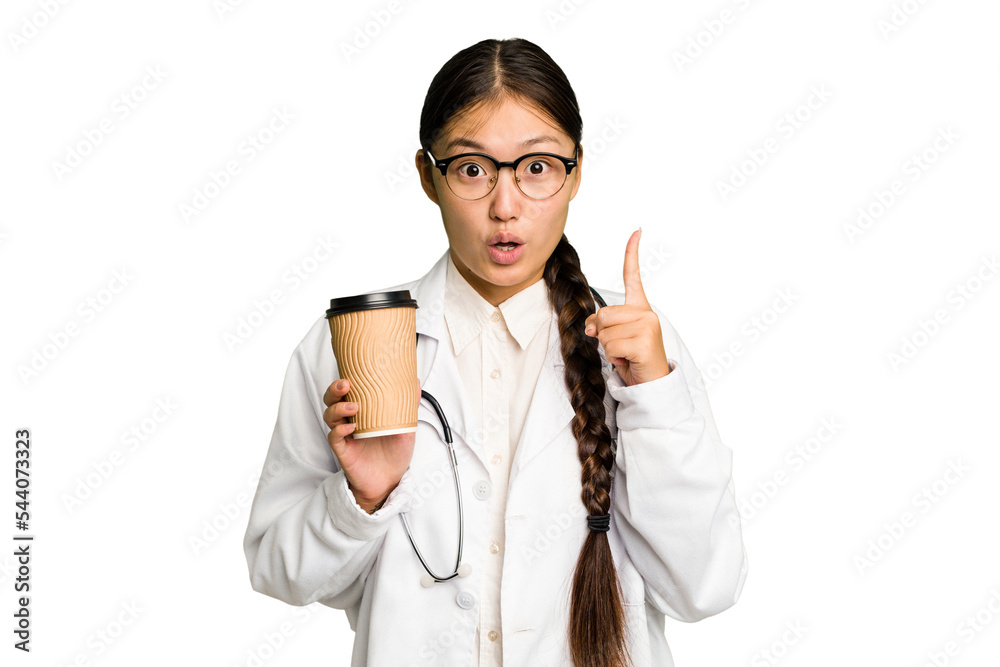 Young doctor asian woman holding a takeaway coffee isolated having some great idea, concept of creativity. Young doctor asian woman holding a takeaway coffee isolated having some great idea, concept of creativity.
