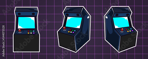 Collection of Arcade Video Game machines in cartoon style, vector graphics with 80s retro vintage vibes
