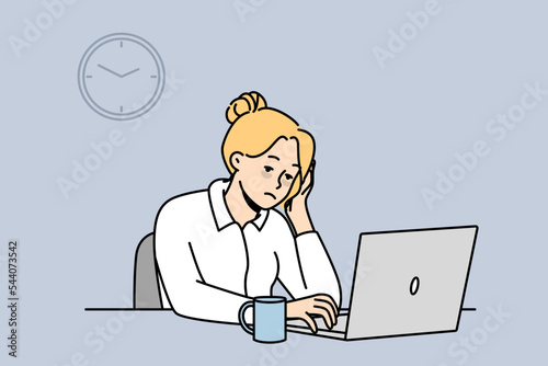 Exhausted female employee sit at office desk work on computer feel sleepy and overwhelmed. Tied woman worker feeling burnout at workplace. Fatigue. Vector illustration. 