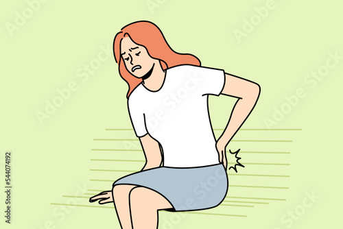 Unwell young woman sit on bench struggle with backache. Unhealthy female stand up suffer from back pain or rheumatism. Vector illustration. 