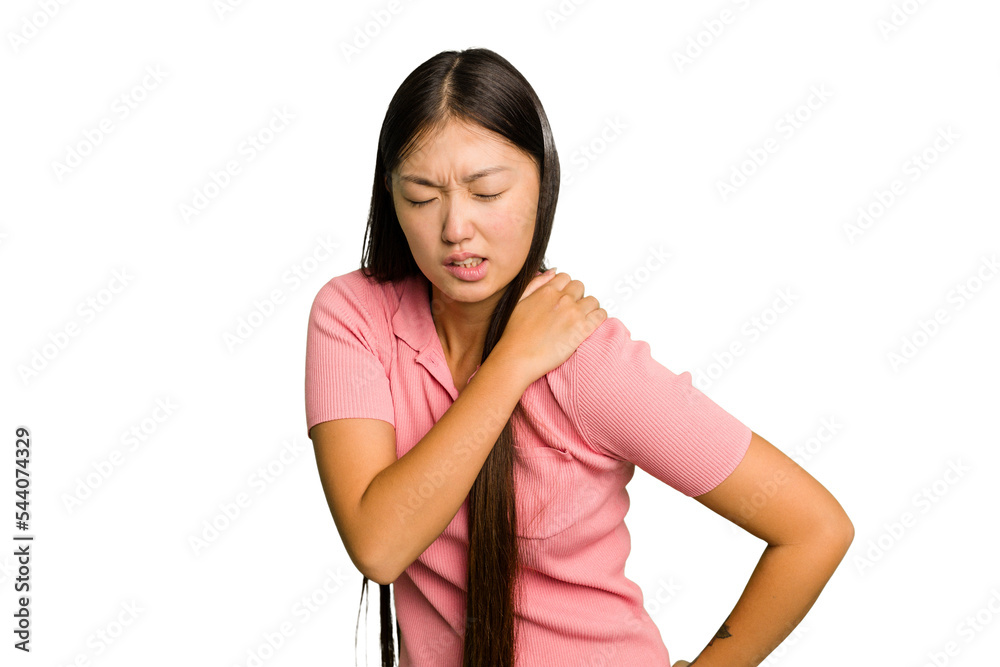 Young Asian woman isolated having a shoulder pain. Young Asian woman isolated having a shoulder pain.