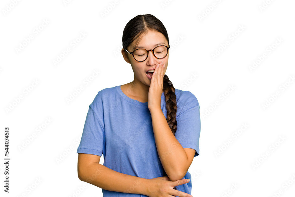 Young Asian woman isolated yawning showing a tired gesture covering mouth with hand. Young Asian woman isolated yawning showing a tired gesture covering mouth with hand.