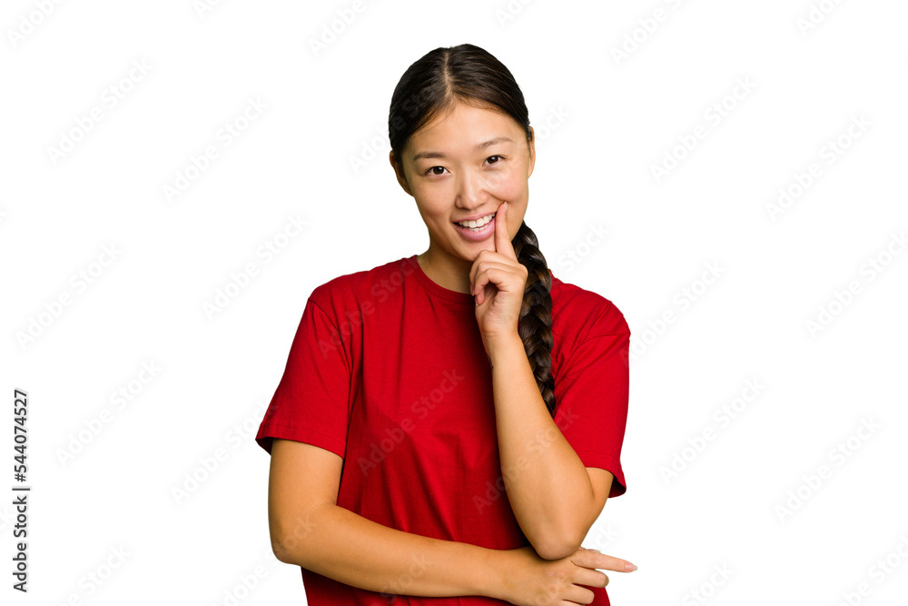 Young Asian woman isolated smiling happy and confident, touching chin with hand. Young Asian woman isolated smiling happy and confident, touching chin with hand.