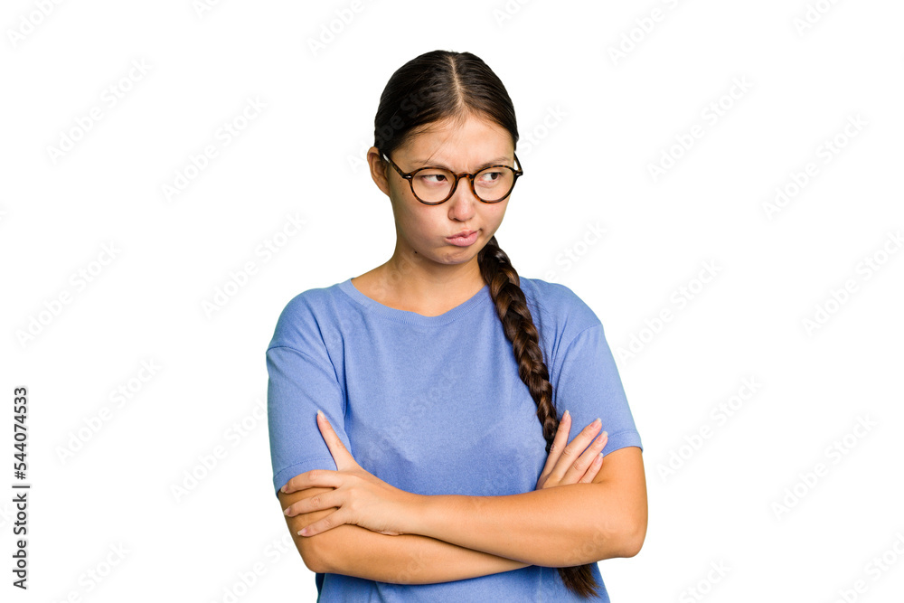 Young Asian woman isolated tired of a repetitive task. Young Asian woman isolated tired of a repetitive task.