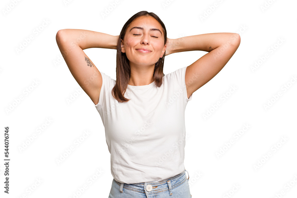 Young cute caucasian woman isolated feeling confident, with hands behind the head. Young cute caucasian woman isolated feeling confident, with hands behind the head.