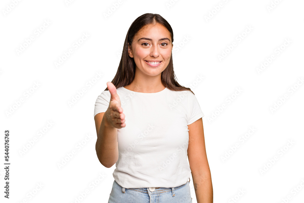 Young cute caucasian woman isolated stretching hand at camera in greeting gesture. Young cute caucasian woman isolated stretching hand at camera in greeting gesture.