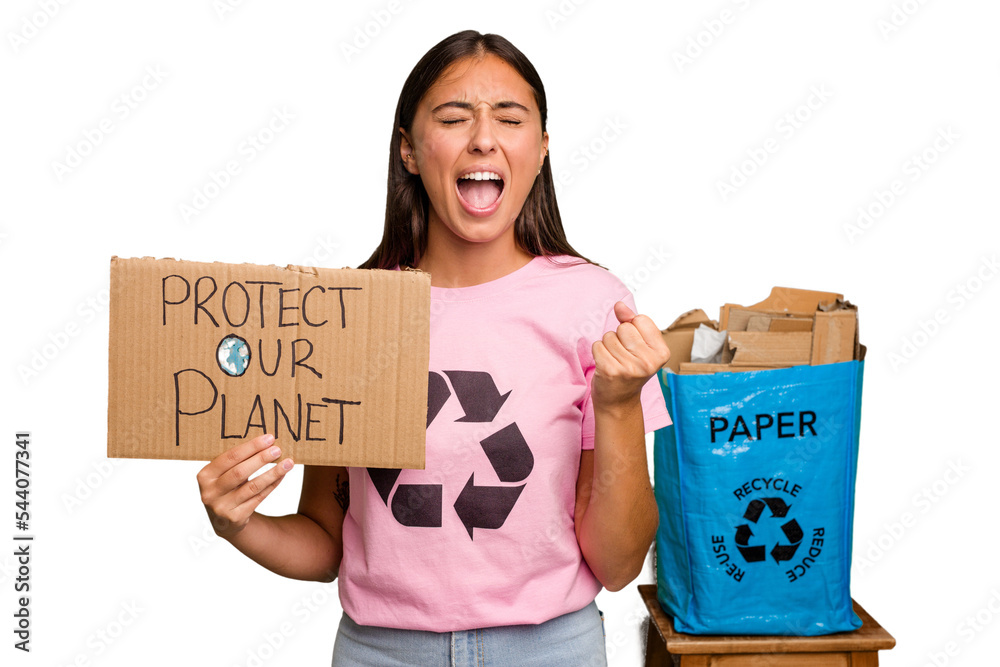 Young caucasian recycler woman holding a protect our planet placard isolated