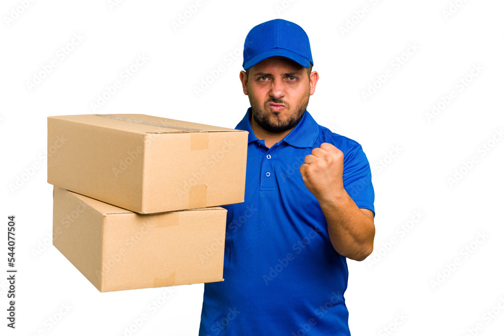 Delivery caucasian man isolated showing fist to camera, aggressive facial expression. Delivery caucasian man isolated showing fist to camera, aggressive facial expression.