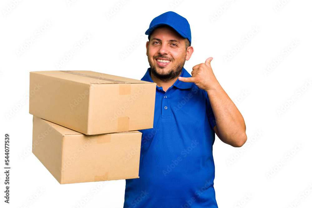 Delivery caucasian man isolated showing a mobile phone call gesture with fingers. Delivery caucasian man isolated showing a mobile phone call gesture with fingers.