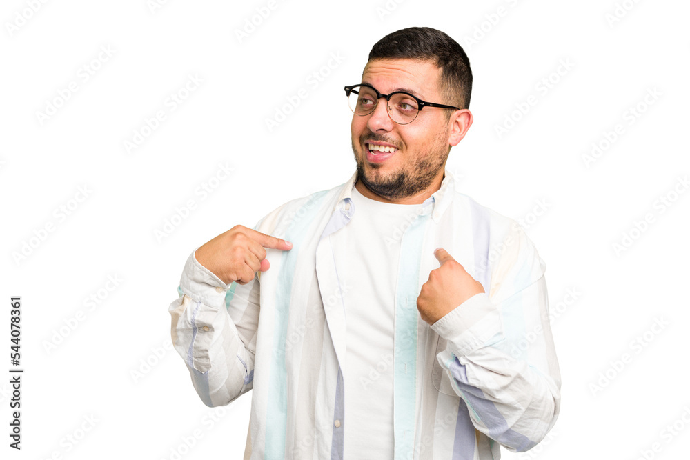 Young caucasian man isolated surprised pointing with finger, smiling broadly. Young caucasian man isolated surprised pointing with finger, smiling broadly.