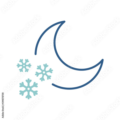 Blue linear moon with snow weather conditions vector icon. Night snow and snowflake concept icon design.