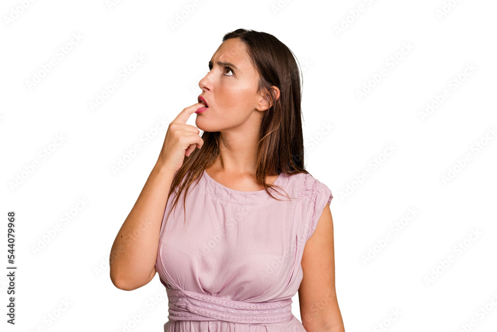 Young caucasian cute woman isolated looking sideways with doubtful and skeptical expression. Young caucasian cute woman isolated looking sideways with doubtful and skeptical expression.