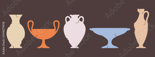 Broken vase silhouettes set. Different cracked ancient greek amphoras. Various forms and shapes of antique ceramic jar or vessel. Old clay pottery collection. Vector