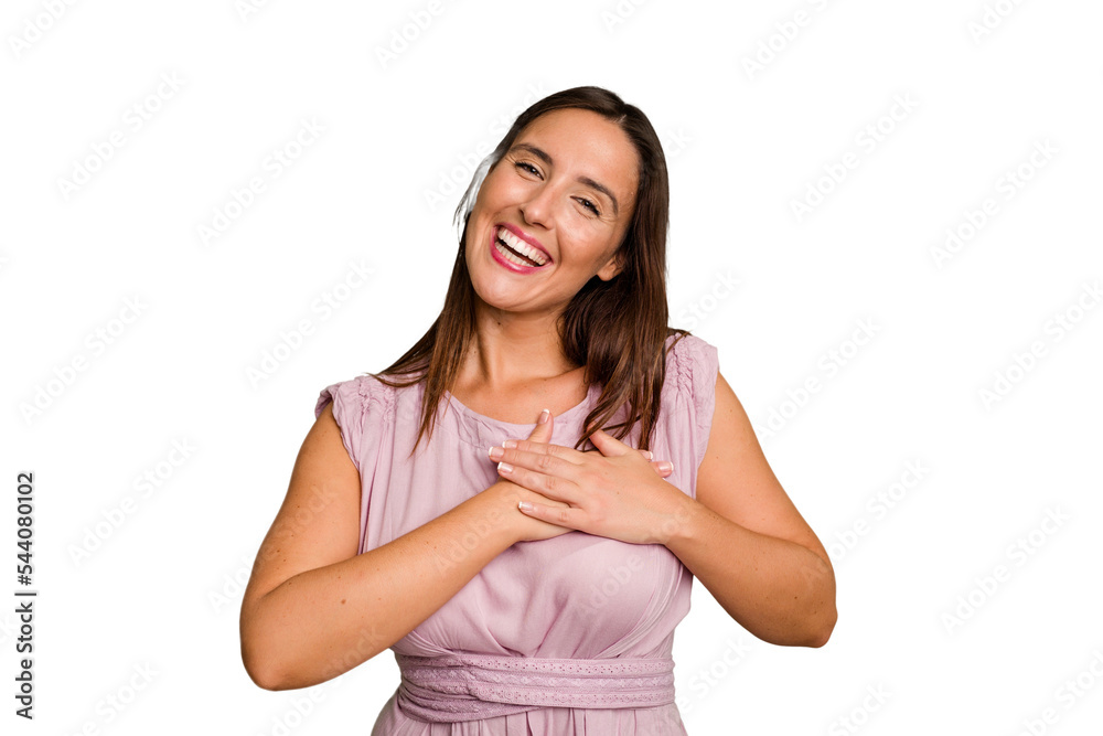 Young caucasian cute woman isolated has friendly expression, pressing palm to chest. Love concept. Young caucasian cute woman isolated has friendly expression, pressing palm to chest. Love concept.