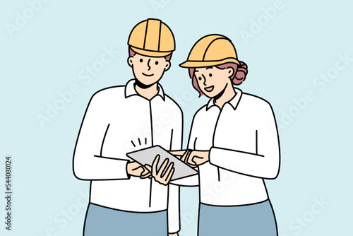 Smiling engineers in helmets working together at building site. Happy architects team brainstorm cooperate at construction place. Vector illustration. 