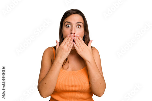 Young caucasian cute woman isolated shocked, covering mouth with hands, anxious to discover something new.