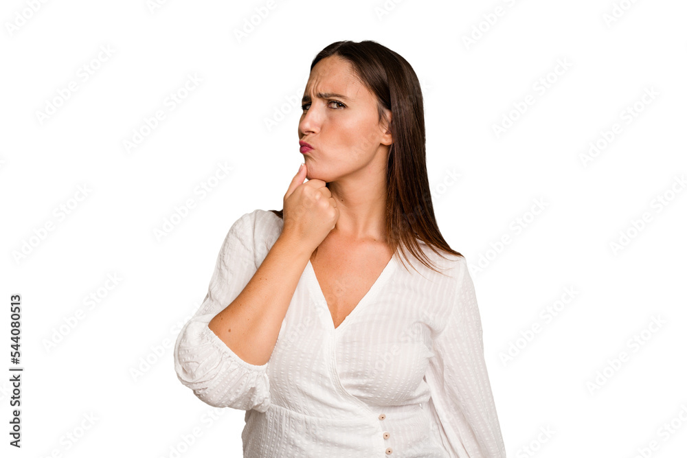 Young caucasian cute woman isolated looking sideways with doubtful and skeptical expression. Young caucasian cute woman isolated looking sideways with doubtful and skeptical expression.