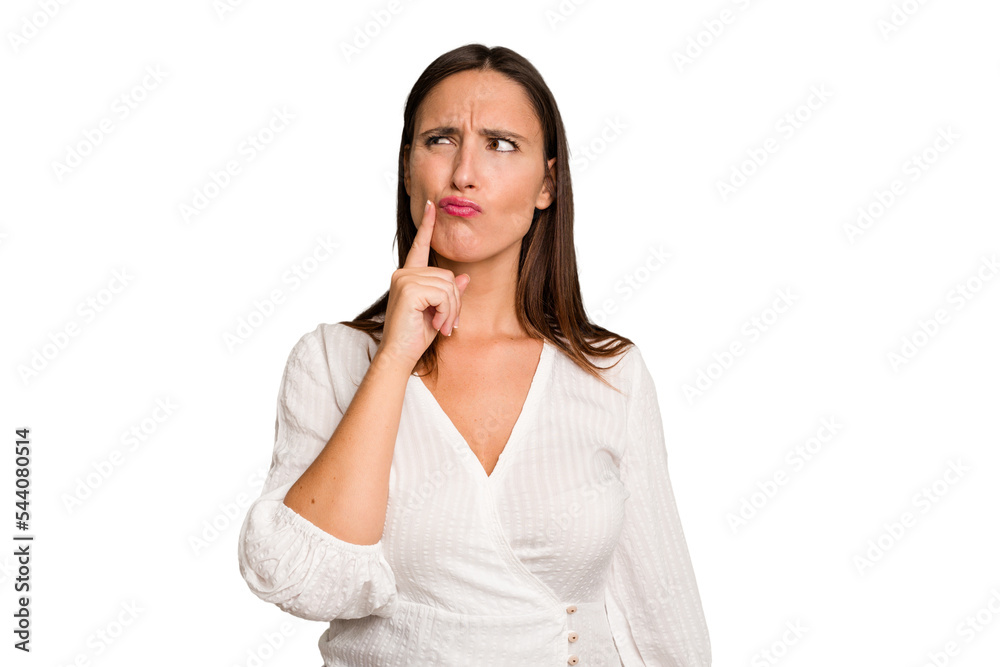 Young caucasian cute woman isolated looking sideways with doubtful and skeptical expression. Young caucasian cute woman isolated looking sideways with doubtful and skeptical expression.