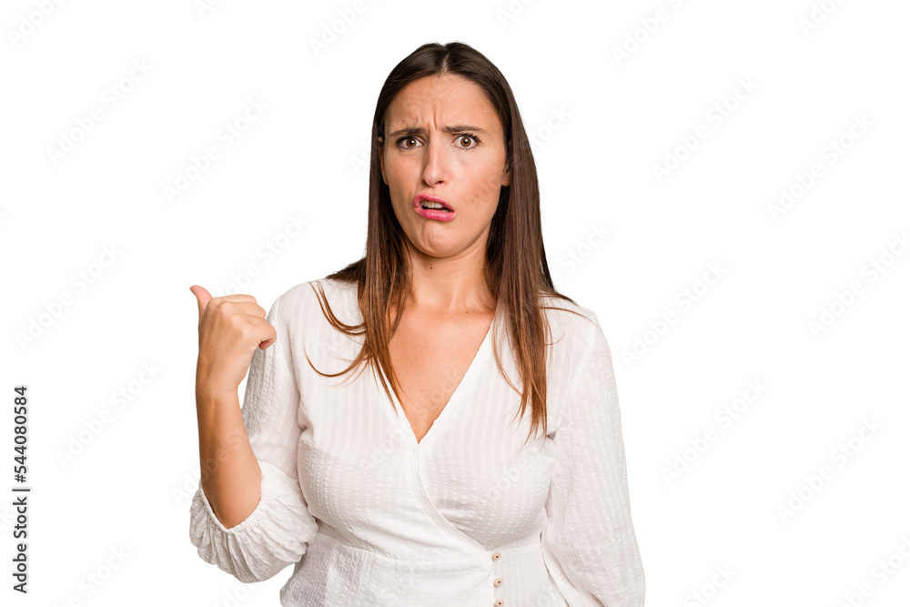 Young caucasian cute woman isolated shocked pointing with index fingers to a copy space. Young caucasian cute woman isolated shocked pointing with index fingers to a copy space.
