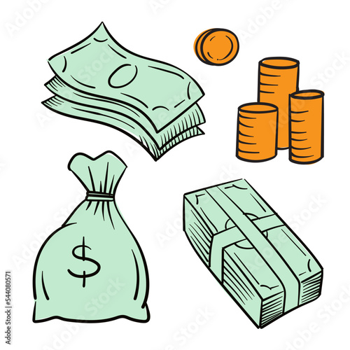 Hand drawn banknotes and coins. Money units. A stack of money. Stack of coins. Money bag. Vector illustration in doodle style.