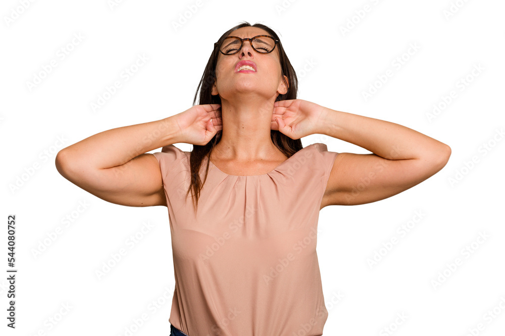 Young caucasian cute woman isolated suffering neck pain due to sedentary lifestyle.