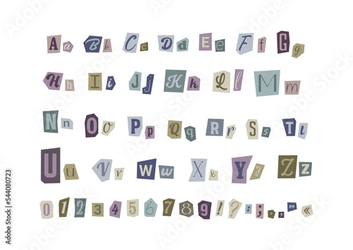 Magazine cut out letters and numbers. Blackmail font, anonymous, ransom note typescript. Latin alphabet cutting from newspaper. Vector symbols.