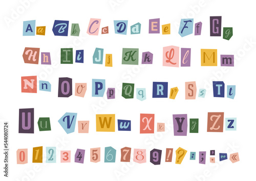 Magazine cut out letters and numbers. Blackmail, anonymous, ransom note font. Latin alphabet cutting from newspaper. Vector symbols, icon set.