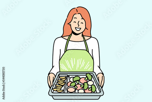 Smiling woman in apron holding tray with delicious food baking. Happy housewife cooking meal at home. Diet and nutrition. Vector illustration. 