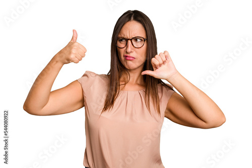 Schilderij op canvas Young caucasian cute woman isolated showing thumbs up and thumbs down, difficult
