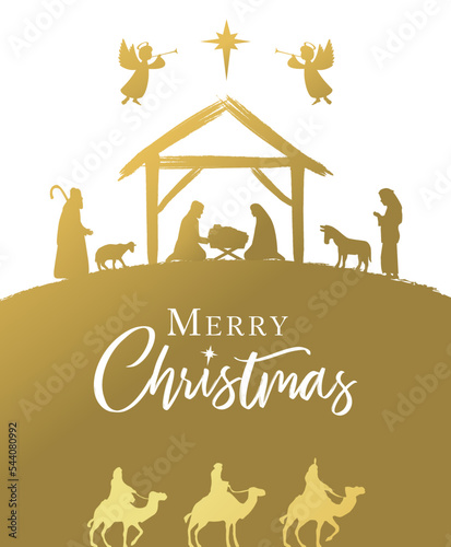 Merry Christmas golden Nativity scene with Holy family and calligraphy. Mary, Joseph, baby Jesus, shepherds and  wise mans in silhouette with angels and Bethlehem star. Vector illustration