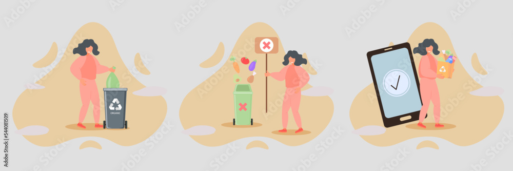 Food loss and waste illustration set. Characters trying to reduce food waste, meal garbage and overconsumption. Environment and resources problem concept. Vector illustration. Food loss and waste illustration set. Characters trying to reduce food waste, meal garbage and overconsumption. Environment and resources problem concept. Vector illustration.