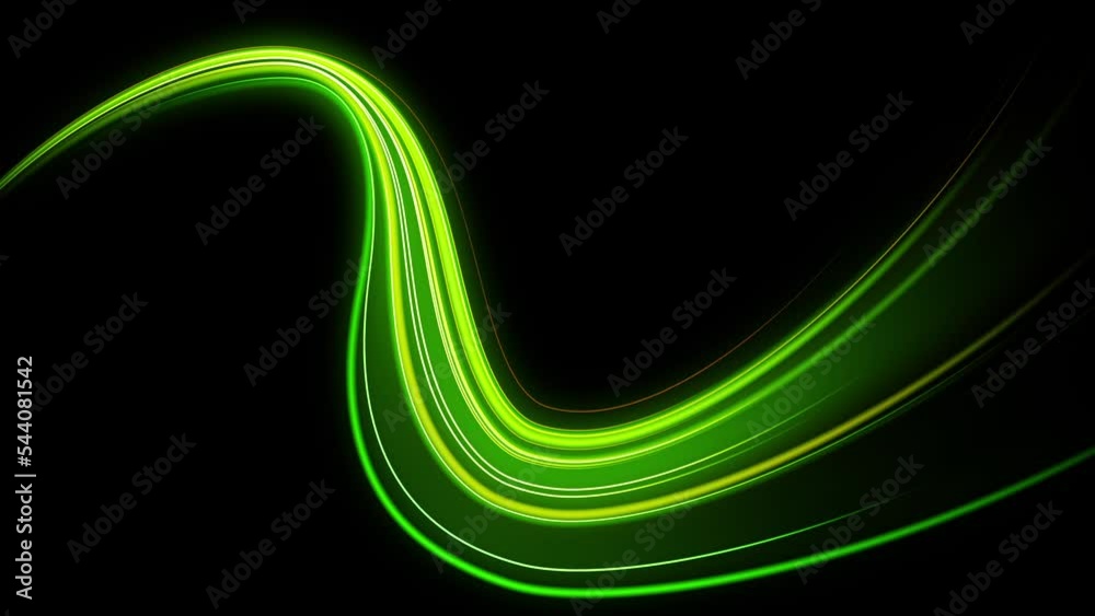 Animation green abstract lines trail with galaxy glowing light in black background	