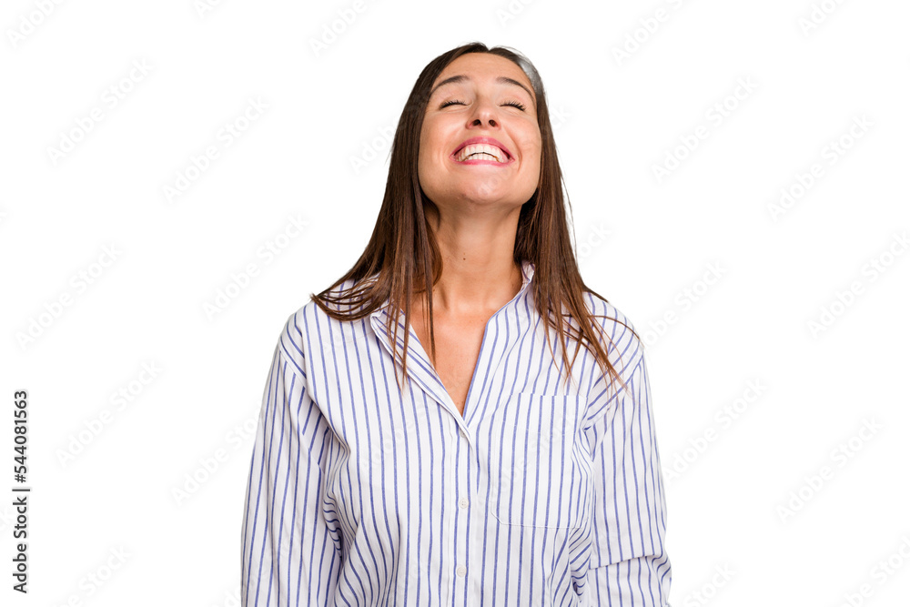 Young caucasian cute woman isolated laughs and closes eyes, feels relaxed and happy. Young caucasian cute woman isolated laughs and closes eyes, feels relaxed and happy.