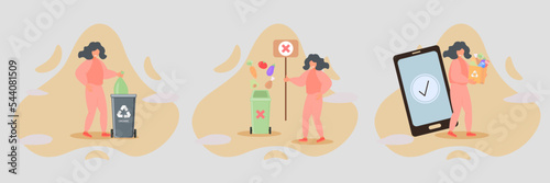 Food loss and waste illustration set. Characters trying to reduce food waste, meal garbage and overconsumption. Environment and resources problem concept. Vector illustration.