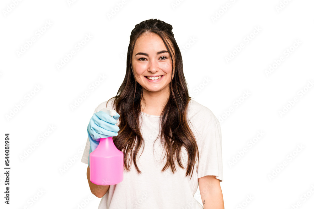 Young cleaner caucasian woman isolated on green chroma background happy, smiling and cheerful. Young cleaner caucasian woman isolated on green chroma background happy, smiling and cheerful.