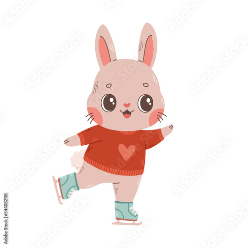 Cute bunny ice skating. Rabbit, hare character. Vector hand drawn illustration of winter recreation.