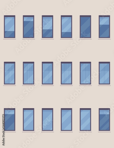 Glass blue windows of facade in modern city. Domestic living, education and recreation residential building texture, urban planning and functional architecture. Vector illustration
