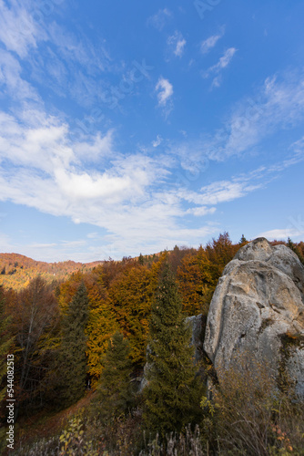 Beautiful autumn landscapes. Colorful trees in autumn. Stone heritage of Ukraine. Tustan. Rock fortress