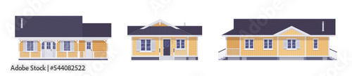 Yellow exterior dream home cartoon set. Small budget beautiful, functional, comfortable building, successful investment for renting, buying, classical design. Vector flat style illustration
