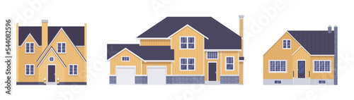 Light yellow home exterior, facade cartoon set. Buying dream house with garage, building decor for designers, architects, builders, homebuyer architectural inspiration. Vector flat style illustration