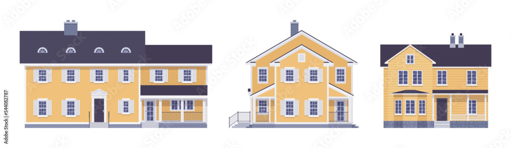 Two story contemporary house cartoon set. Expensive building, urban design amazing exterior with balconies, luxury details, residential, commercial, real estate market. Vector flat style illustration