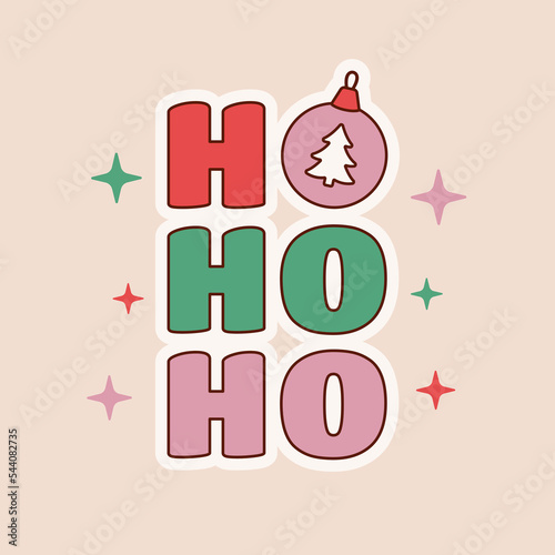 Ho ho ho and Merry Christmas retro 1970s groovy sticker. Santa Claus message and holiday quote. Vector illustration. 