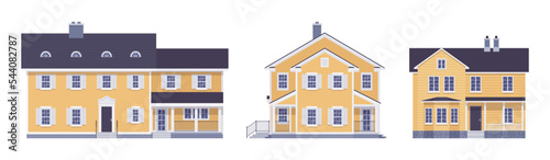 Two story contemporary house cartoon set. Expensive building, urban design amazing exterior with balconies, luxury details, residential, commercial, real estate market. Vector flat style illustration