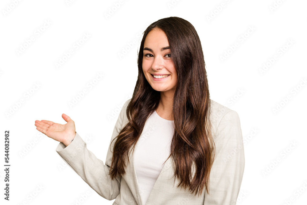 Young caucasian woman isolated on green chroma background showing a welcome expression. Young caucasian woman isolated on green chroma background showing a welcome expression.